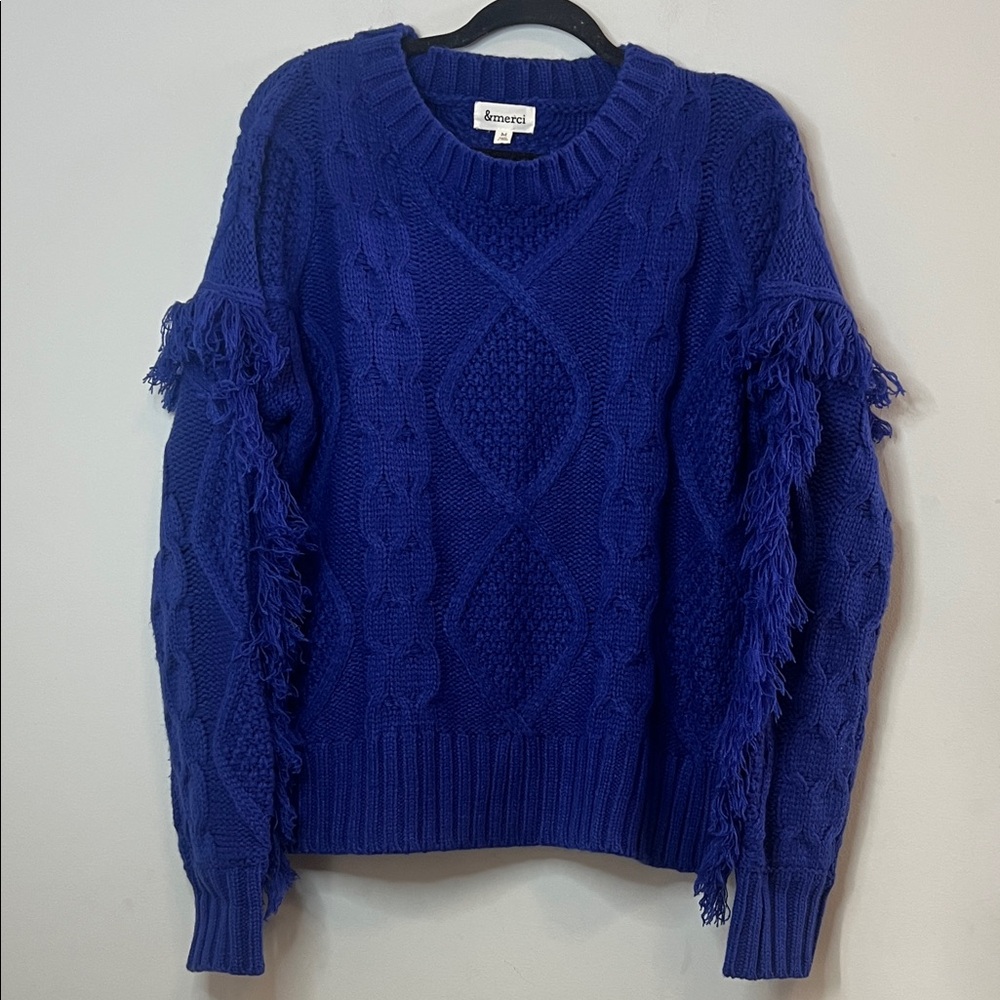 &merci Women's‎ Royal Blue Cable Knit Cozy Sweater Fringe Sleeves Size Medium